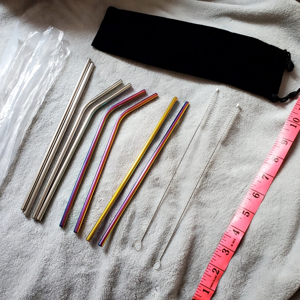 Monochromatic stainless steel reusable straw set with carrying pouch and brushes